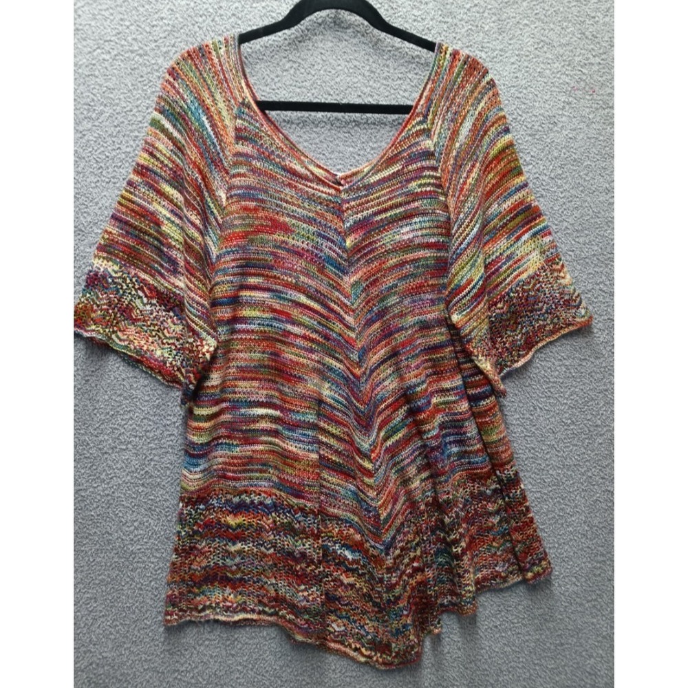 Y2K Boho Festival Knit Top Colorful Artsy Short Sleeve Sweater XXL‎ Cotagecore
